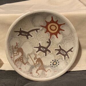 Art Pottery 6.75" HangingPlate Hieroglyphs People Deer Red Sun-Mexico-Signed EUC